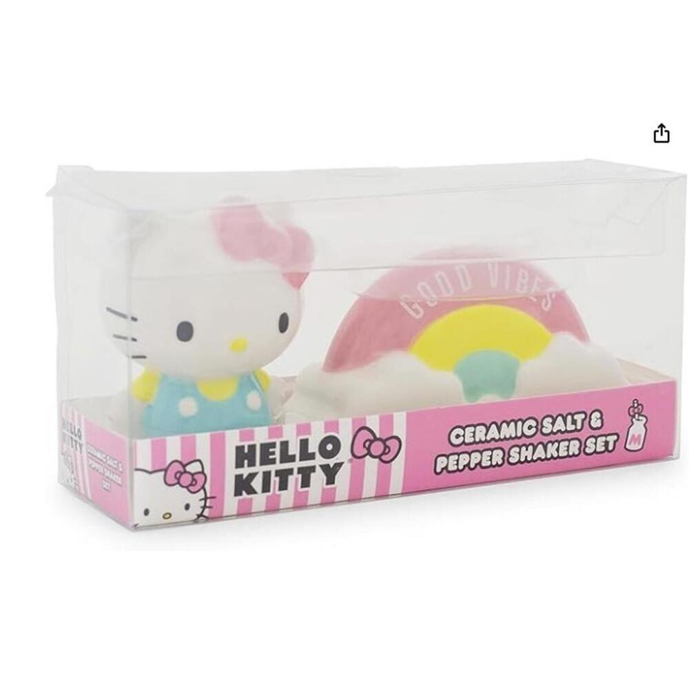 Hello Kitty Ceramic Salt & Pepper Shaker Set Good Vibes Rainbow & Hello Kitty